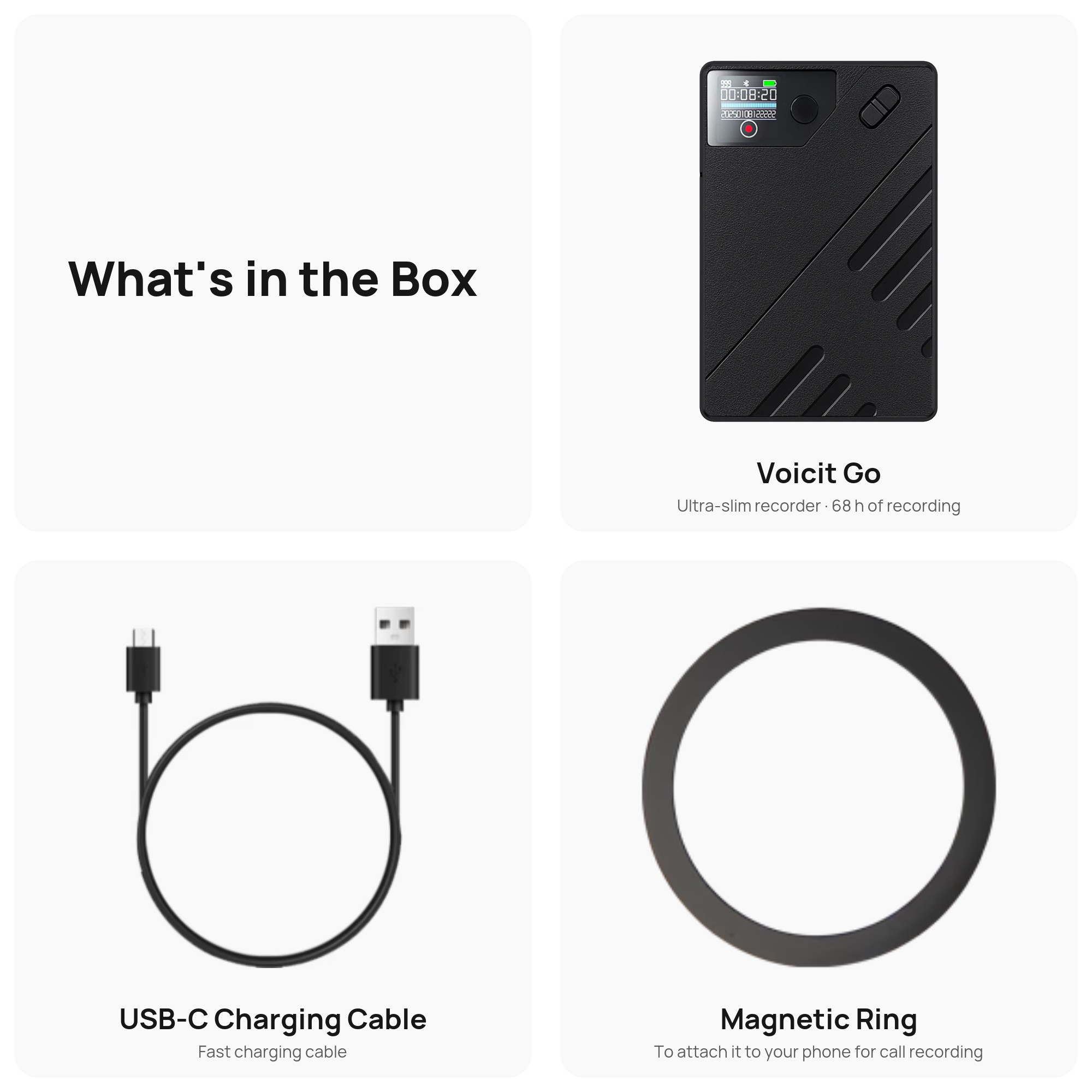 Qué incluye la caja de Voicit Go: grabadora, cable USB-C y anillo magnético